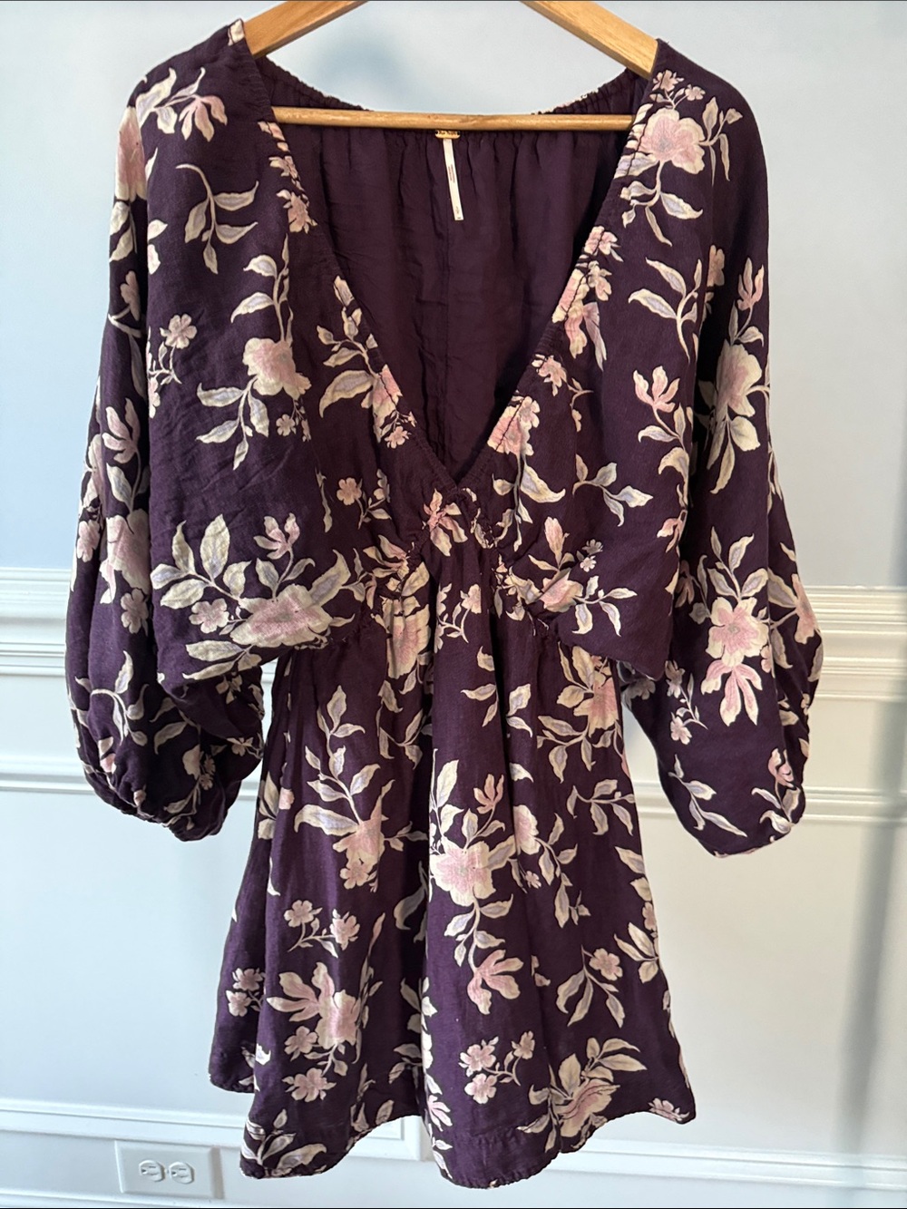 Free People Portia Balloon Sleeve Linen Mini Dress Mulberry Black Cherry S Small